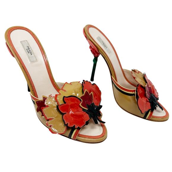 PRADA Red Tan Vintage Flower Heels Mules Spring 2008 Fairy Collection EU 37.5 - Picture 1 of 10